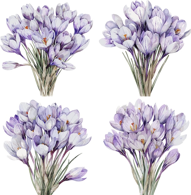 Set D'aquarelle Fleur De Crocus Isolée Sur Fond Blanc