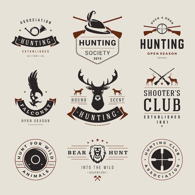 Set arme de chasse animaux sauvages tir passe-temps logo vintage design décoratif vecteur