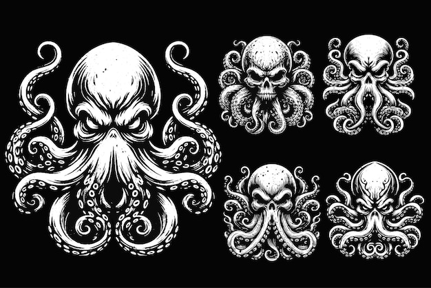 Set Art Dark Octopus Bête Tentacules Crâne De Calmar Horreur Tatouage Grunge Illustration De Style Vintage