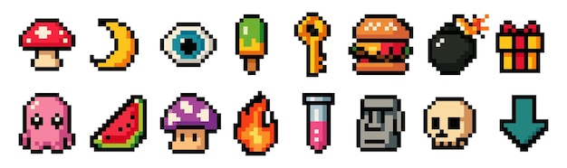Set d'art à pixels avec des objets mignons Illustration à pixels vectoriels 8 bits