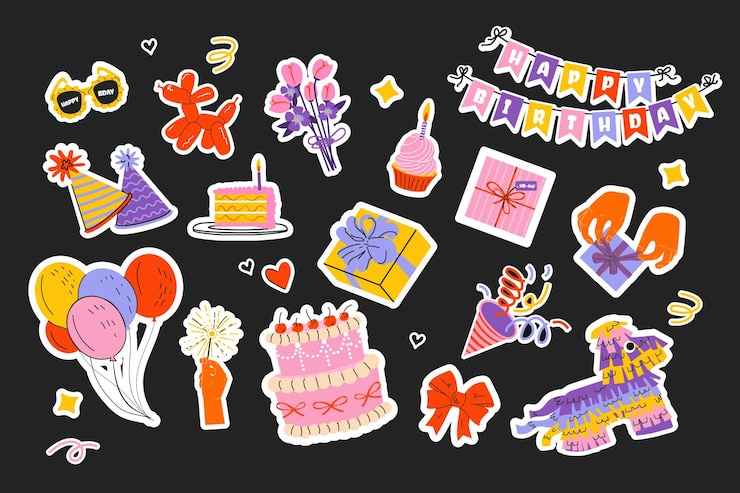 Vecteur set d'autocollants d'anniversaire mignons avec des cliparts dessinés à la main pour les planificateurs des cahiers de notes élément de vacances à la mode