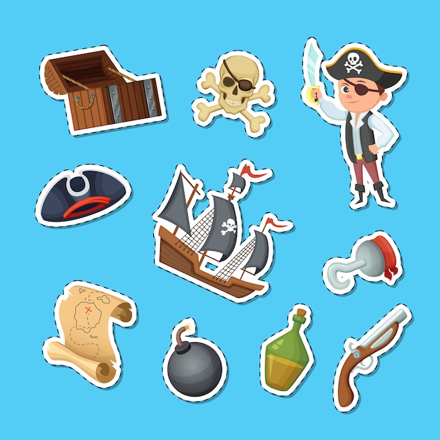 Set D'autocollants De Pirates De Mer Dessin Animé Vector