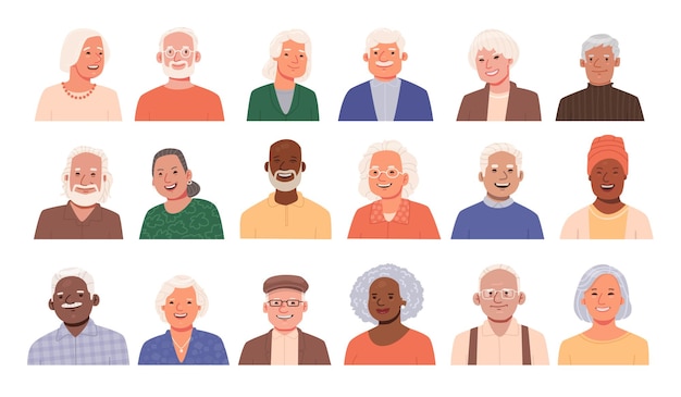 Set Avatars Happy Smiling Seniors Personnes âgées Portraits De Vieillards Femmes Différentes Nationalités