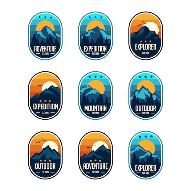 Set de badges d&#39;emblèmes vintage classique neuf montagne voyage