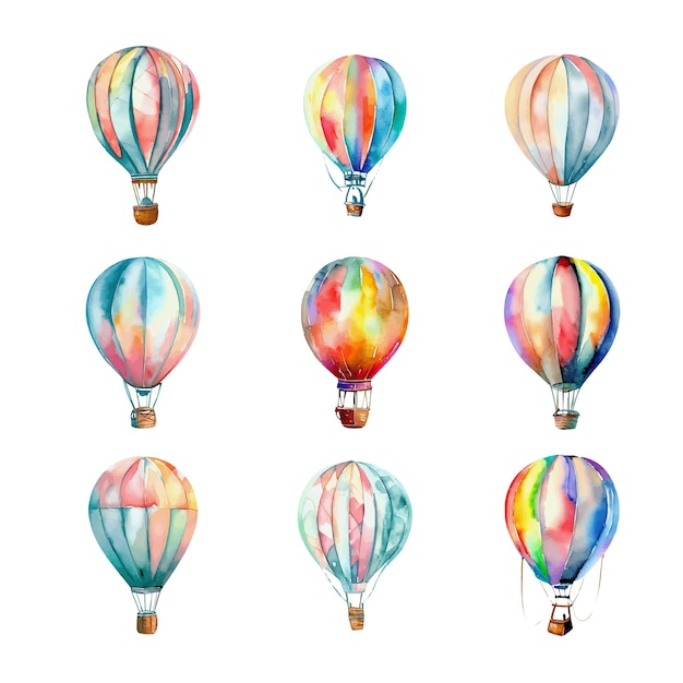 Set De Ballons à Air Chaud à L'aquarelle Illustration Peinte à La Main Isolée Sur Fond Blanc