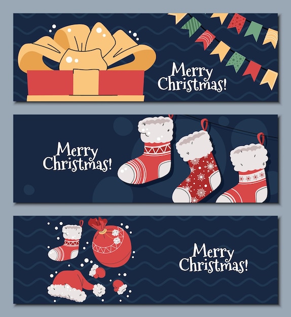 Set de bannières horizontales de Noël avec des bas de Noël accrochés, un chapeau, une boîte-cadeau, une guirlande dans le style de dessin animé plat, une illustration vectorielle pour une invitation de bannière d'affiche, etc.