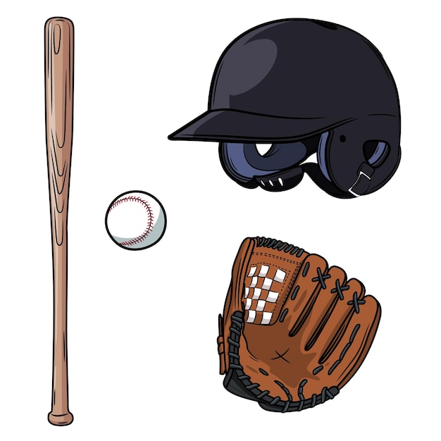 Vecteur set de baseball sous la forme d'un casque, d'une balle de bat et d'un gant isolé sur fond blanc