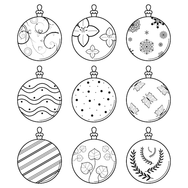 Set Black Doodle Outline Simple Line Abstract Collection Christmas Xmas Balls Décorations De Vacances Ha