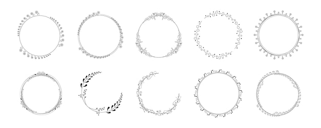 Set Black Simple Line Collection Doodle Round Floral Frame Leaves Elements Vector Design Style