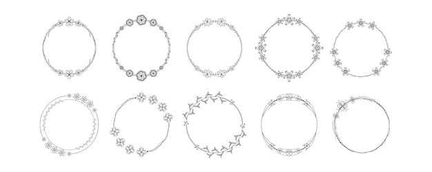 Vecteur set black simple line collection doodle round floral frame leaves elements vector design style