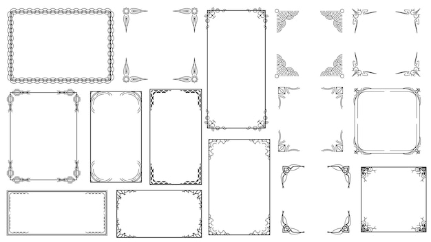Set Black Simple Line Frame Collection Doodle Square Floral Frame Elements Vector Design Style