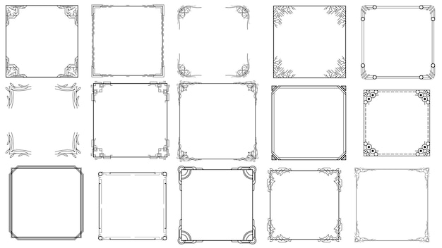 Set Black Simple Line Frame Collection Doodle Square Floral Frame Elements Vector Design Style