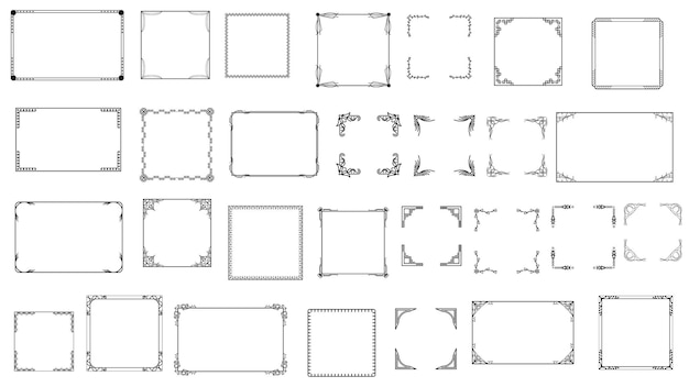Set Black Simple Line Frame Collection Doodle Square Floral Frame Elements Vector Design Style
