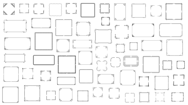 Set Black Simple Line Frame Collection Doodle Square Floral Frame Elements Vector Design Style