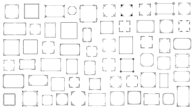 Set Black Simple Line Frame Collection Doodle Square Floral Frame Elements Vector Design Style