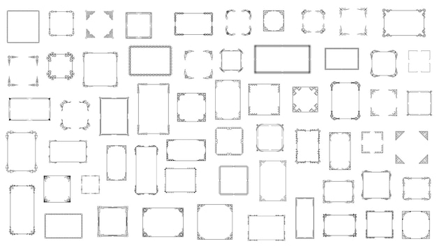 Set Black Simple Line Frame Collection Doodle Square Floral Frame Elements Vector Design Style