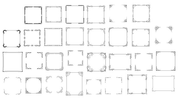 Set Black Simple Line Frame Collection Doodle Square Floral Frame Elements Vector Design Style