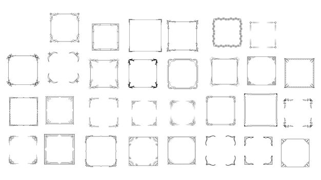 Set Black Simple Line Frame Collection Doodle Square Floral Frame Elements Vector Design Style