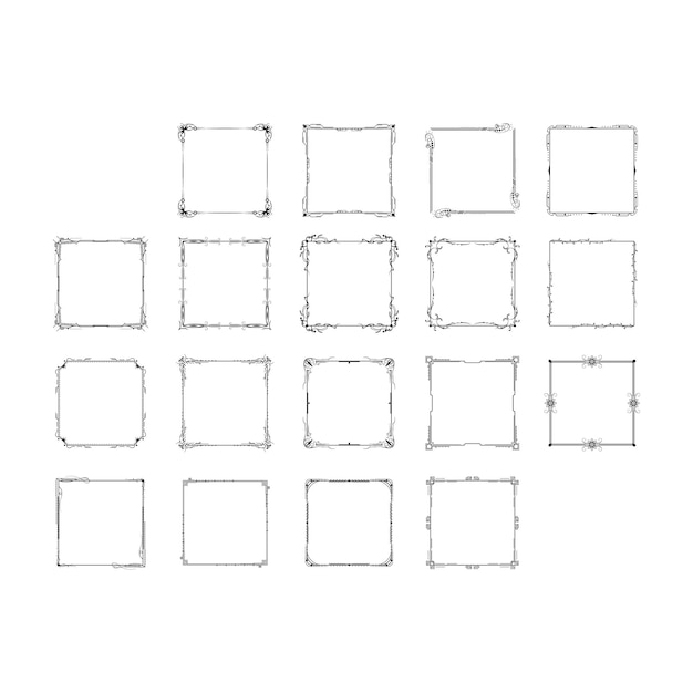 Set Black Simple Line Frame Collection Doodle Square Floral Frame Elements Vector Design Style
