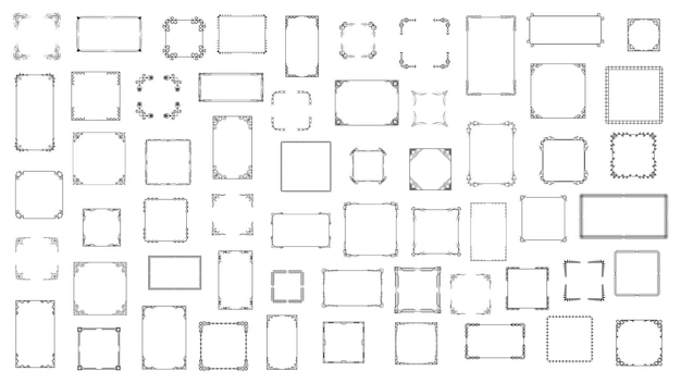 Set Black Simple Line Frame Collection Doodle Square Floral Frame Elements Vector Design Style