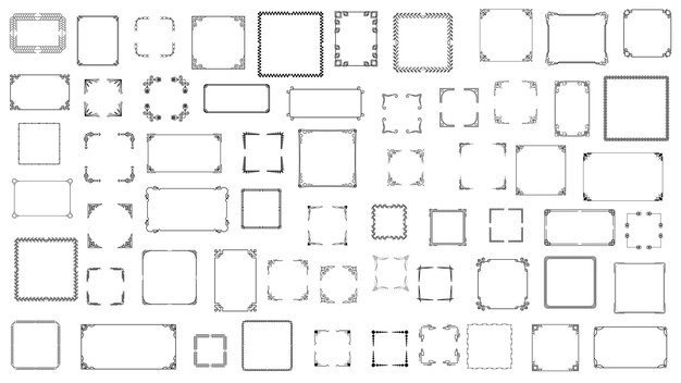 Set Black Simple Line Frame Collection Doodle Square Floral Frame Elements Vector Design Style