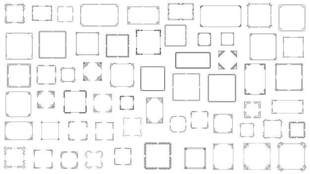 Set Black Simple Line Frame Collection Doodle Square Floral Frame Elements Vector Design Style
