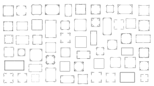 Set Black Simple Line Frame Collection Doodle Square Floral Frame Elements Vector Design Style
