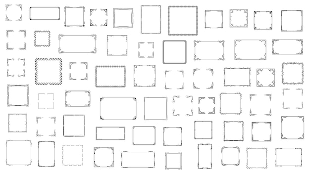 Set Black Simple Line Frame Collection Doodle Square Floral Frame Elements Vector Design Style