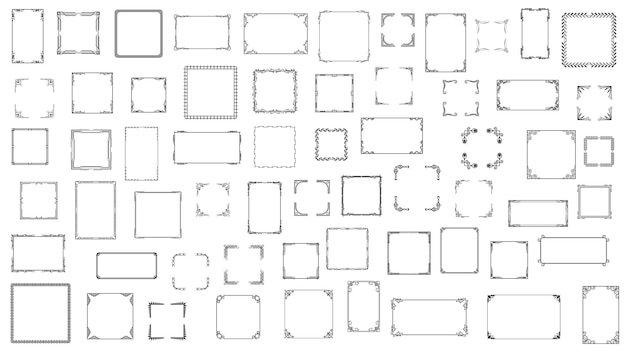 Set Black Simple Line Frame Collection Doodle Square Floral Frame Elements Vector Design Style