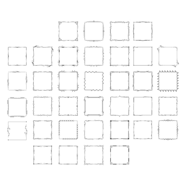 Set Black Simple Line Frame Collection Doodle Square Floral Frame Elements Vector Design Style