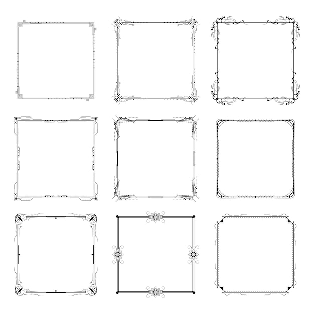 Set Black Simple Line Frame Collection Doodle Square Floral Frame Elements Vector Design Style