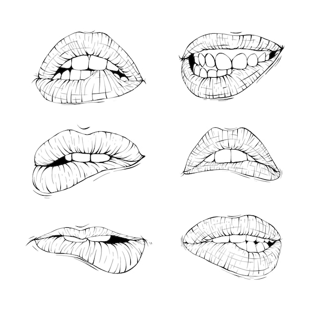 Vecteur set bouche sexy bouche morsure collection de croquis illustration vectorielle de ligne d'art