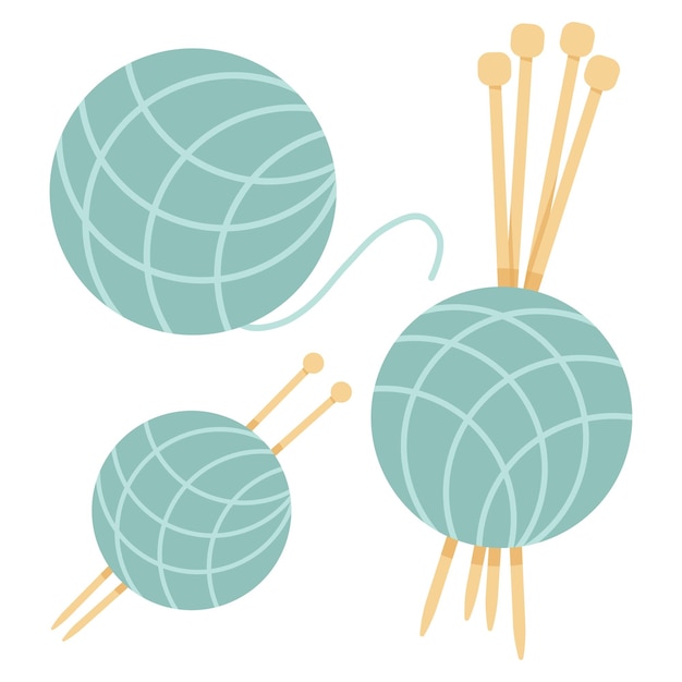 Vecteur set de boules bleues de fil avec des aiguilles à tricoter