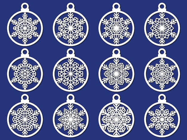 Set De Boules De Noël Découpées Au Laser Avec Découpage De Flocons De Neige De Papier Exemple De Modèle Pour Carte De Noël