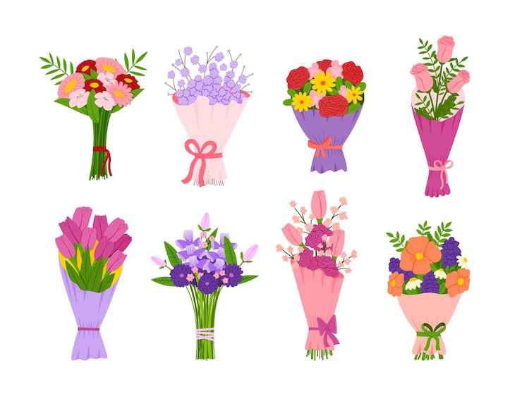 Vecteur set de bouquets floraux plats cadeau avec fleur de fleur bouquet de plantes et de feuilles en fleur décor de jardin avec feuille botanique tulipes roses et rouges et roses illustration vectorielle isolée