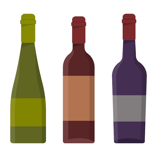 Set Bouteille De Vin Isolé Sur Fond Blanc. Illustration Vectorielle Plane.