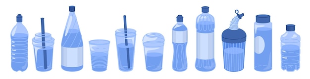 Set De Bouteilles Et De Tasses En Plastique Remplis Récipient Pour Boissons Et Autres Liquides Emballage Recyclable Besoin Quotidien D'eau Illustration Vectorielle Isolée Sur Fond Transparent