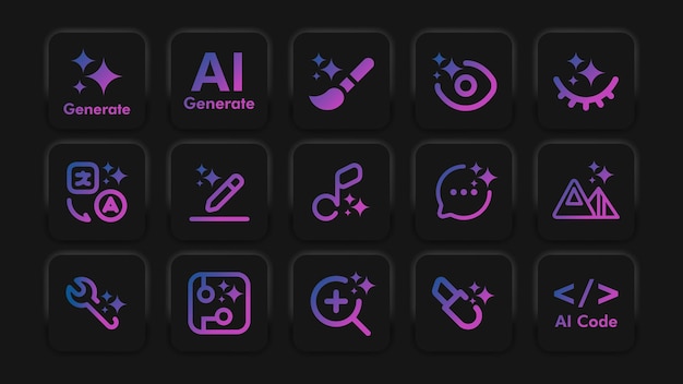 Set de boutons génératifs d'IA Conception néomorphe Collection de boutons UX d'interface utilisateur douce futuristes