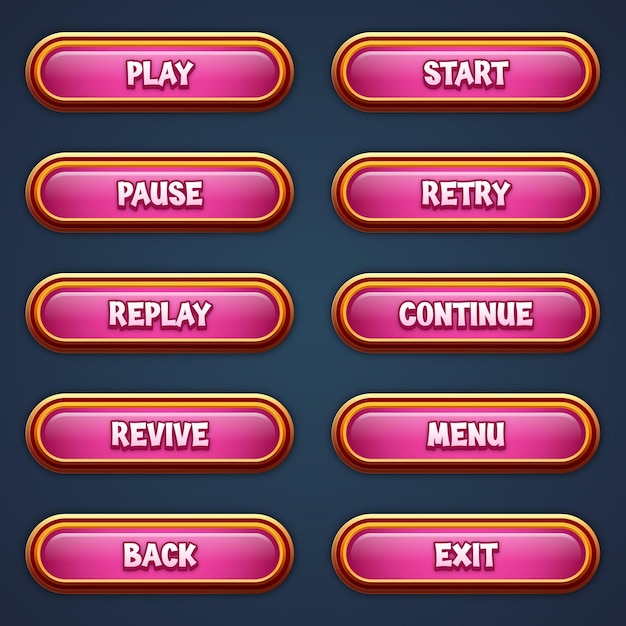 Vecteur set de boutons de jeu roses pour les jeux mobiles avec des effets de texte modifiables gui pour construire des jeux 2d