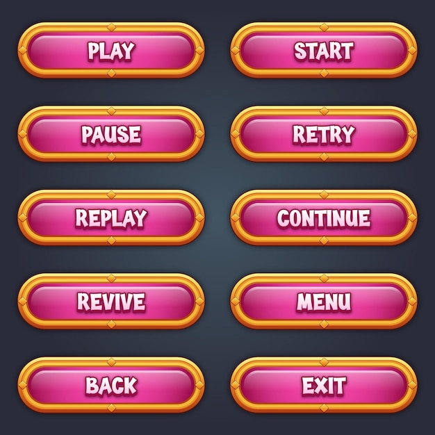 Vecteur set de boutons de jeu roses pour les jeux mobiles avec des effets de texte modifiables gui pour construire des jeux 2d