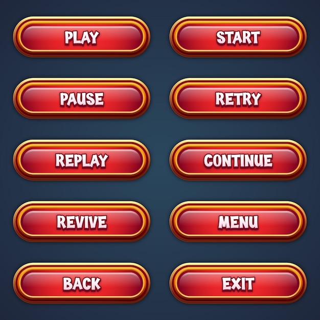 Vecteur set de boutons de jeu rouges pour les jeux mobiles avec des effets de texte modifiables gui pour construire des jeux 2d