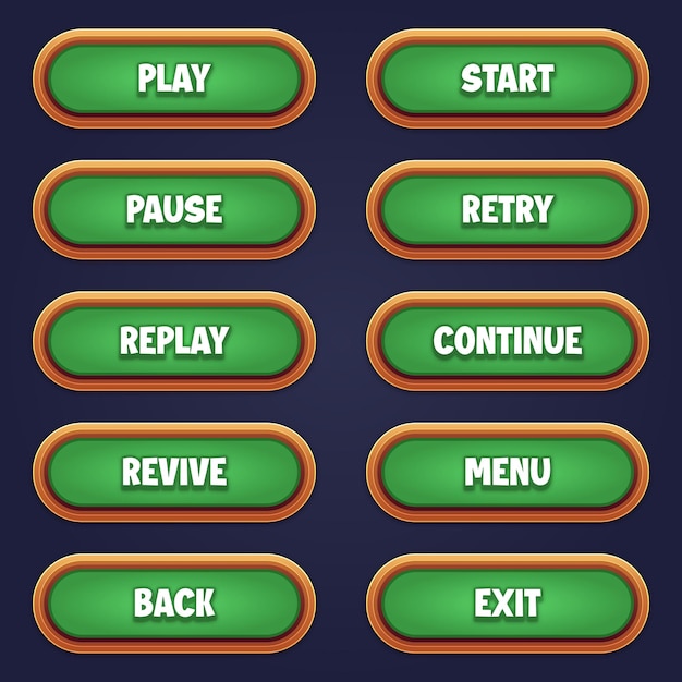Set de boutons de jeu verts pour les jeux mobiles avec des effets de texte modifiables pour construire des jeux 2D