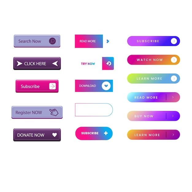 Set de boutons plats vectoriels modernes à la mode Différentes couleurs de formes principales et d'icônes avec des contours noirs