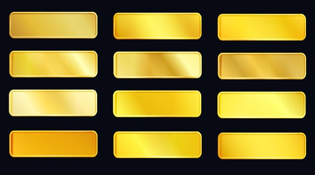 Set de boutons rectangulaires dorés avec un effet brillant et brillant sur fond noir