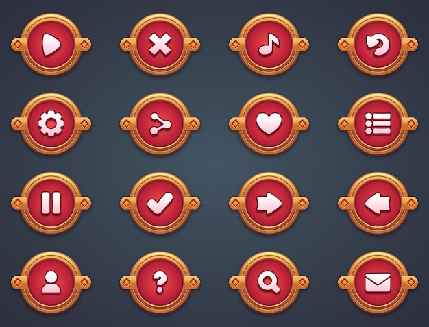 Set de boutons rouges pour les jeux mobiles jeu interface rouge dessin animé ui boutons set ui éléments