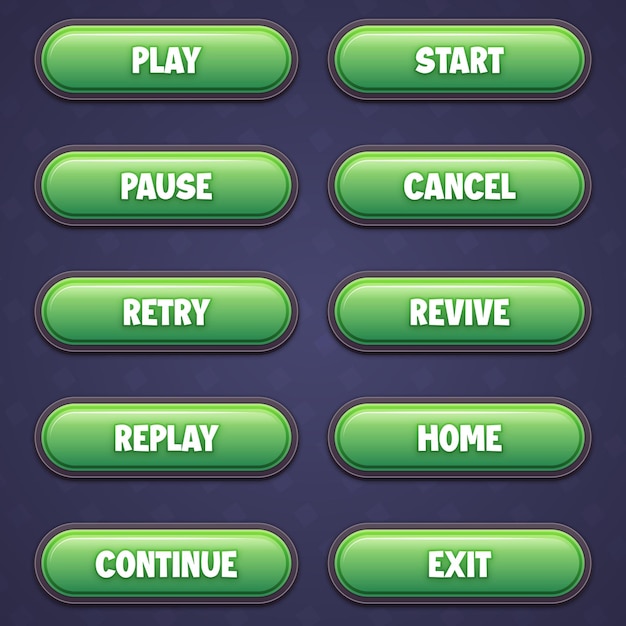 Set de boutons verts de jeu avec effet de texte modifiable design gui pour construire des jeux boutons décontractés de dessins animés