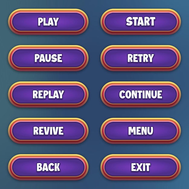 Vecteur set de boutons violets avec effet de texte modifiable pour les jeux mobiles jeu interface ui boutons set