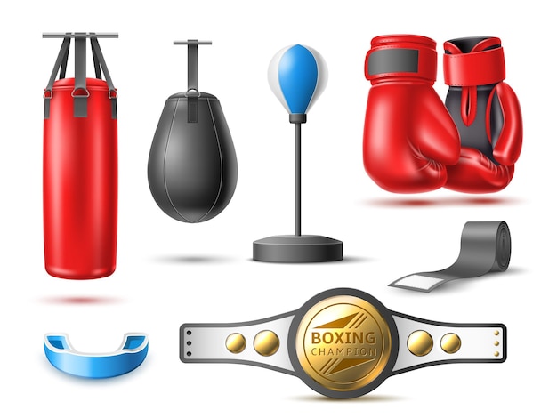 Set de boxe réaliste Accessoires de sport de combat professionnels champions gants de ceinture sacs de boxe et protecteur buccal vêtements de sport pour l'entraînement de punch objets isolés 3D ensemble vectoriel utter