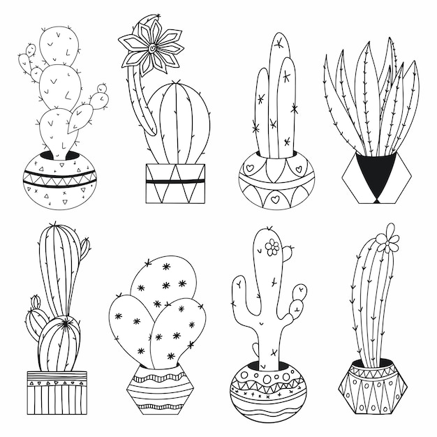 Vecteur set de cactus dans des pots dans le style doodle peint à la main la page de coloration