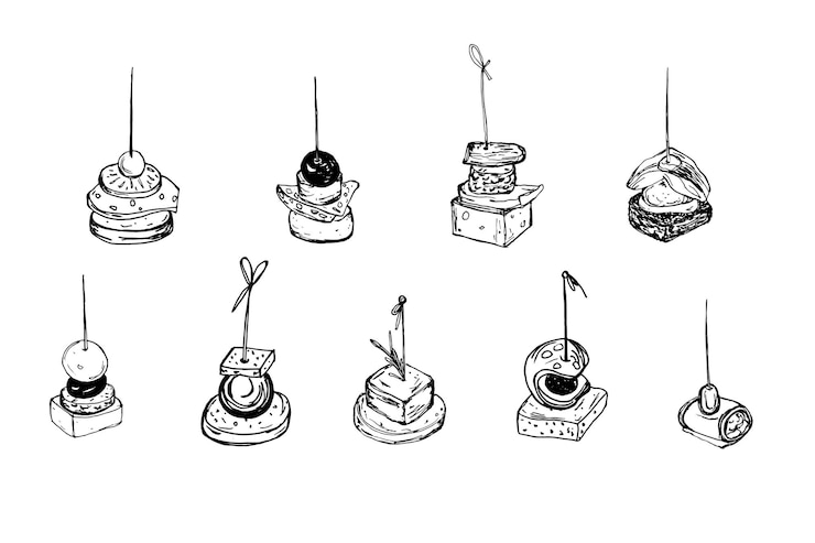 Vecteur set de canapé isolé croquis vectoriel petit sandwich enchaîné sur une brochette collation pour apéritif d'alcool croquis noir et blanc sur fond blanc